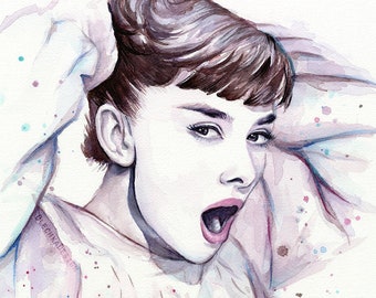 Audrey Hepburn Watercolor Art Print, Giclee Film Portrait