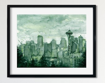May include: A watercolor painting of the Seattle skyline with the Space Needle in the center. The painting is in shades of green and gray, with a cloudy sky in the background.