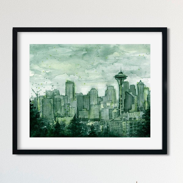 Seattle Skyline Watercolor Skyline Painting, Space Neelde Art, Seattle Art, Green Painting, Giclee Art Print, PNW Cityscape, 12th Man Art