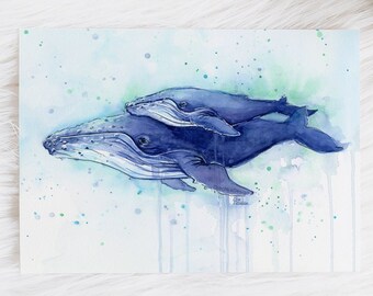 Whale Art, Humpback Whale Mom and Baby, Watercolor Print