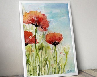 Poppy Wall Art, Red Poppies Watercolor, Poppies Art Print, Red Flowers, Poppy Field, Poppies Wall Art, Blue Sky, Spring Flowers Art