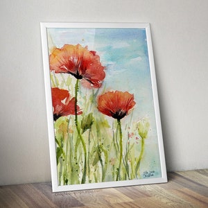 Art mural coquelicots, aquarelle coquelicots rouges, impression d&#39;art coquelicots, fleurs rouges, champ de coquelicots, art mural coquelicots, ciel bleu, art fleurs de printemps