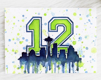 Seahawks Art Seattle 12th Man Fan Art Seattle Skyline Painting Watercolor Seattle Print  Space Needle Art Go Hawks PNW Art Print
