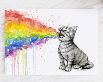 虹を吐く子猫、面白い猫のアート、猫の水彩画、虹色の猫、虹色の子猫