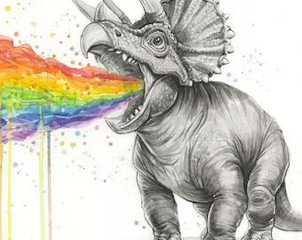 Whimsical Triceratops Rainbow Vomit Art, Watercolor Dinosaur Print