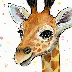 May include: A watercolor painting of a giraffe with brown and yellow spots. The giraffe has large, dark eyes and a sweet expression. The background is white with colorful watercolor splatters.