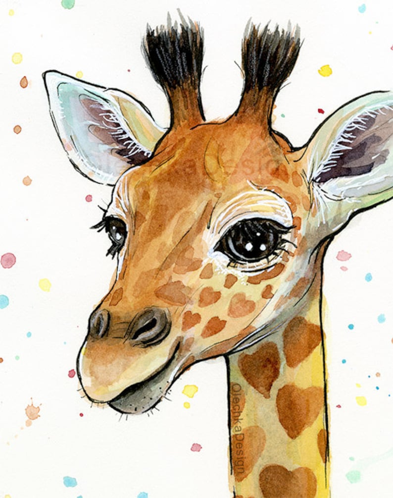 May include: A watercolor painting of a giraffe with brown and yellow spots. The giraffe has large, dark eyes and a sweet expression. The background is white with colorful watercolor splatters.