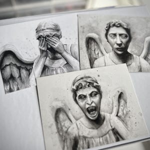 Postales de ángeles llorosos, postales de Doctor Who, arte de fans de Doctor Who, pintura de acuarela, postales de acuarela, tarjetas geek, postales de ángeles