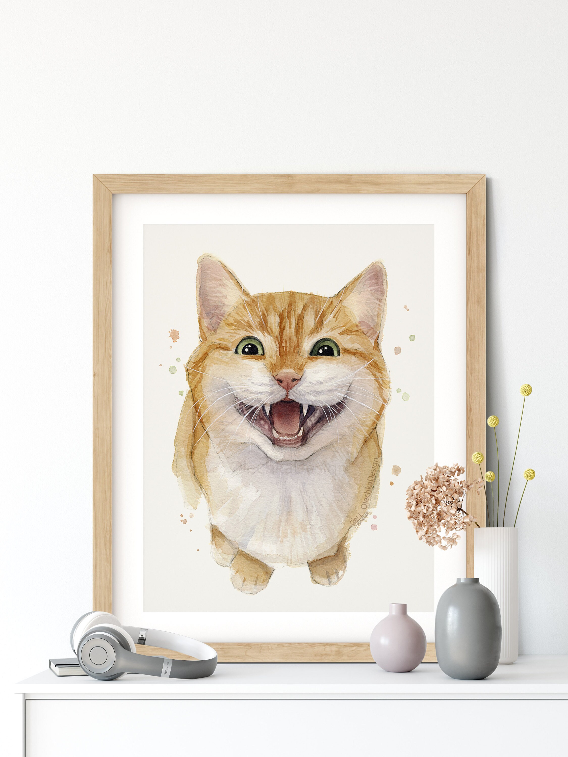 面白い猫のプリント、ニャーニャー鳴く猫、笑顔の猫のアート、水彩画の猫の絵画、猫のアートワーク、猫好きへのギフト、猫の絵画、ペットの肖像画 - Etsy  日本, image size:2250x3000