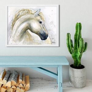 May include: A watercolour painting of a white horse's head and neck. The horse is looking to the left, and the background is a light grey with watercolour splatters.