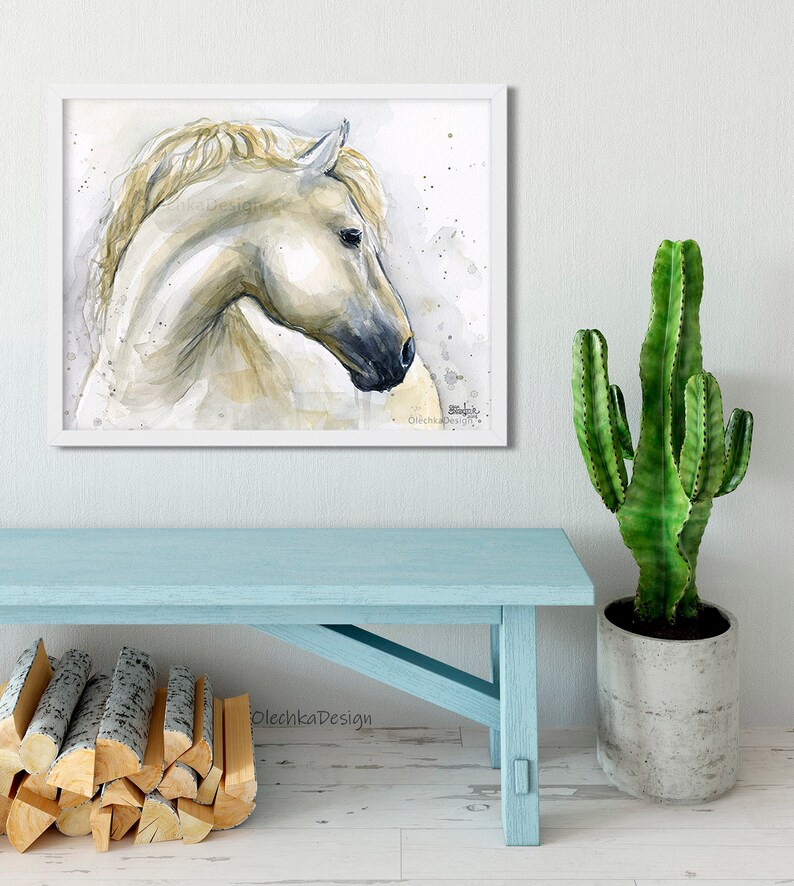 May include: A watercolour painting of a white horse's head and neck. The horse is looking to the left, and the background is a light grey with watercolour splatters.