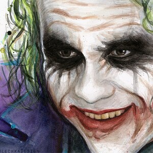 May include: A watercolor painting of the Joker from the movie The Dark Knight. The Joker is depicted with green hair, white face paint, and a red smile. His eyes are blacked out with dark makeup, and he has a sinister grin.