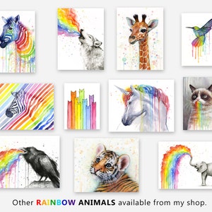 May include: A collection of watercolor paintings featuring various animals, each with a rainbow emanating from their mouth. The animals include a zebra, wolf, giraffe, hummingbird, cat, unicorn, and elephant.