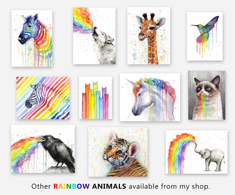 May include: A collection of watercolor paintings featuring various animals, each with a rainbow emanating from their mouth. The animals include a zebra, wolf, giraffe, hummingbird, cat, unicorn, and elephant.