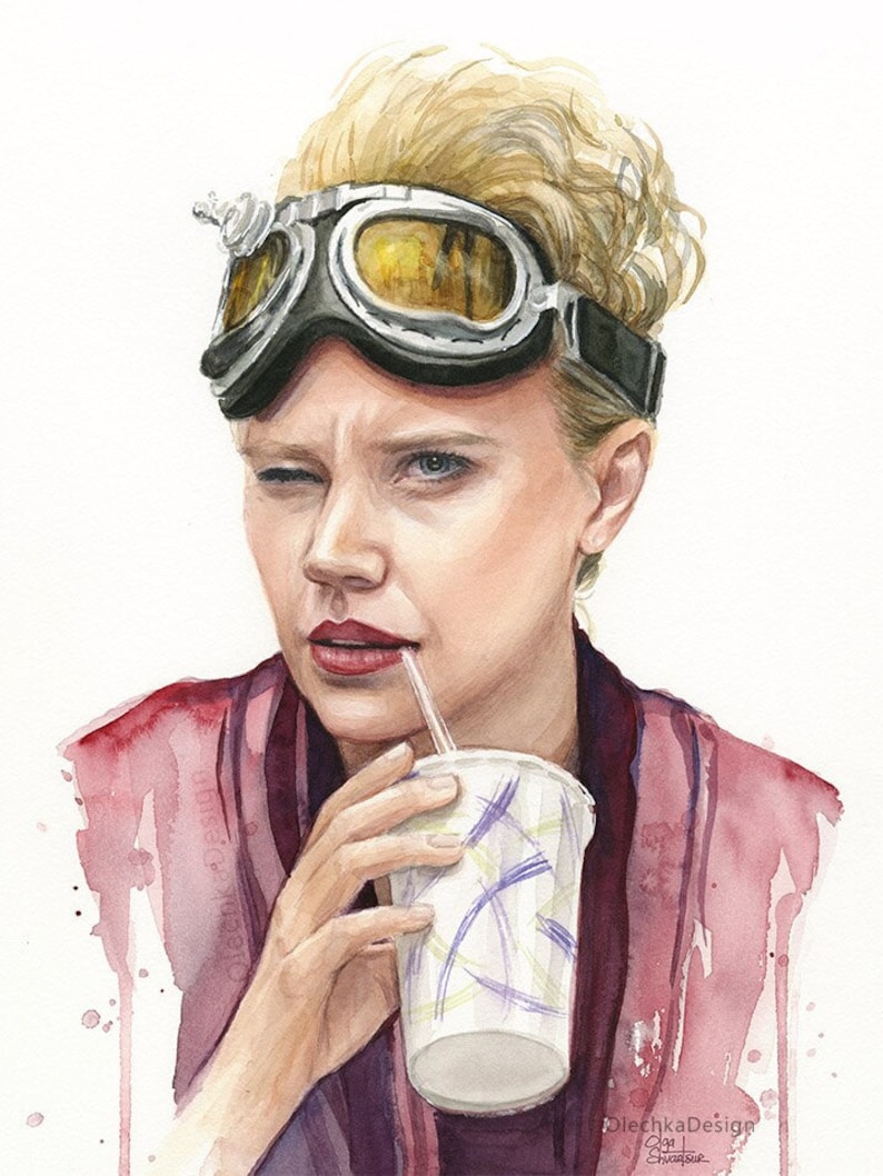 May include: Watercolor painting of a woman with blonde hair wearing goggles and a pink jacket, drinking from a white cup with a straw.