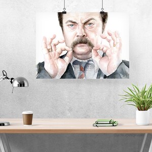 May include: Watercolor painting of a man with a mustache, wearing a suit and tie. He is making the "OK" sign with both hands, holding his mustache.