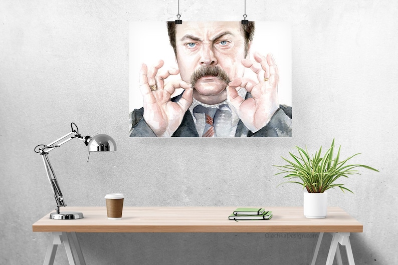 May include: Watercolor painting of a man with a mustache, wearing a suit and tie. He is making the "OK" sign with both hands, holding his mustache.