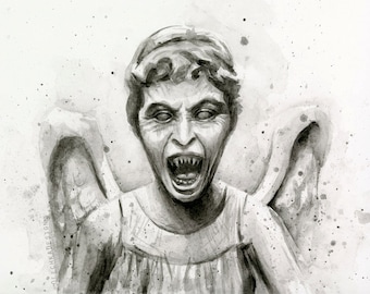 Weeping Angel Watercolor Art Print, Doctor Who Sci-Fi Decor