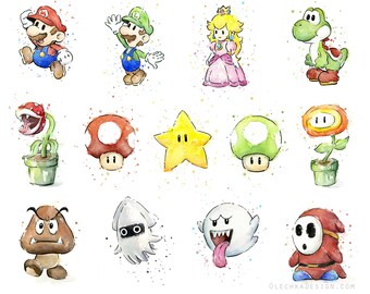シャイガイの水彩画プリント、マリオファンアート - Etsy 日本