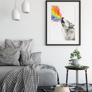May include: A watercolor painting of a wolf howling with a rainbow coming out of its mouth. The wolf is grey and the background is white.