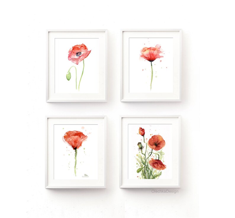 May include: Set of four watercolor paintings featuring red poppies in various arrangements. The paintings are framed in white frames and displayed on a white wall.