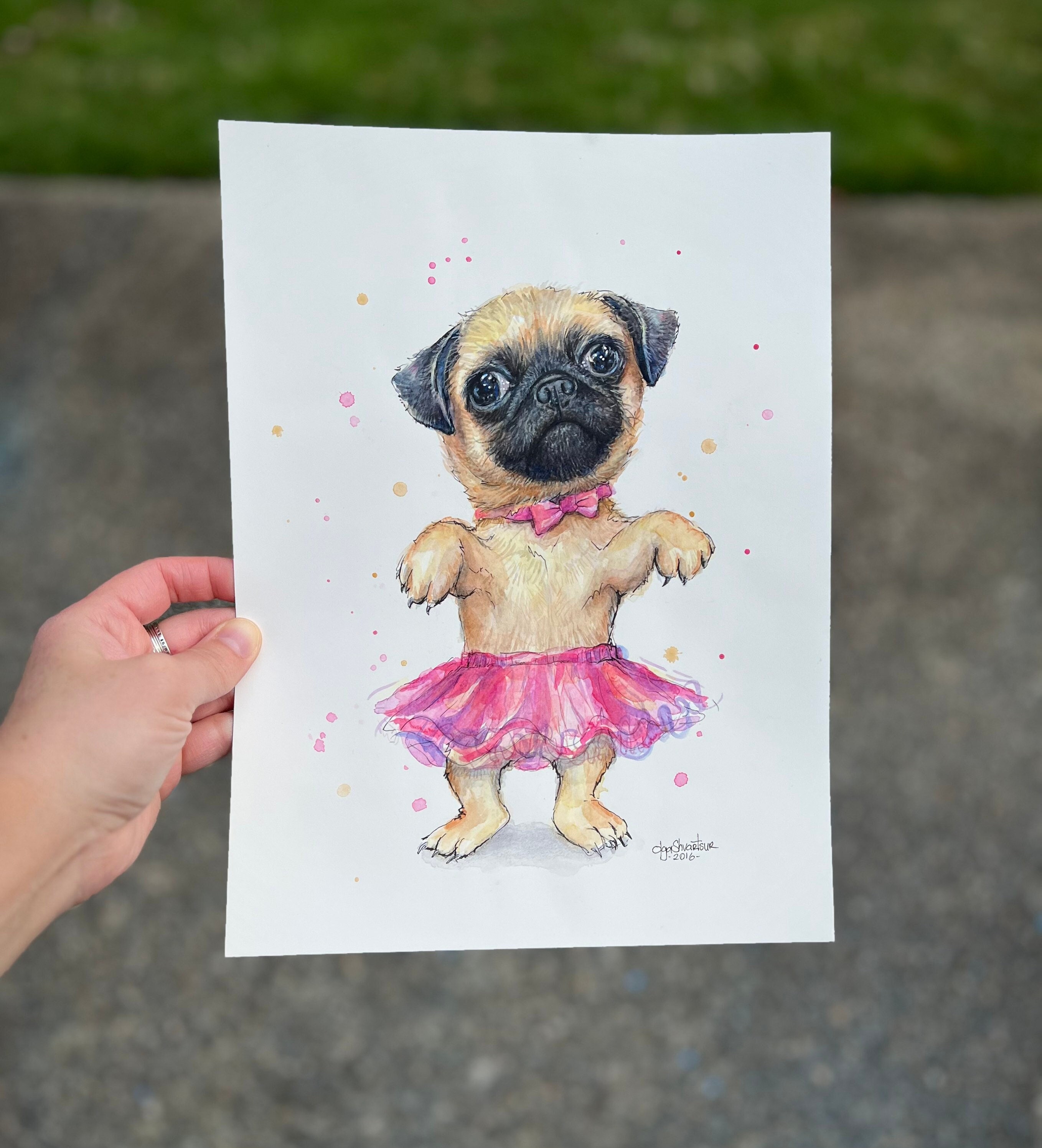 パグアート、パグの絵画、チュチュを着たかわいいパグ、犬の水彩画、犬