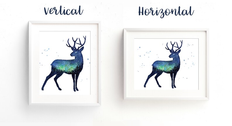 May include: A watercolor painting of a deer silhouette with a starry night sky and aurora borealis inside the silhouette. The painting is framed in a white frame and is shown in both vertical and horizontal orientations.