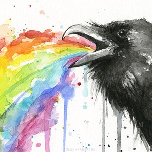 May include: A black and white watercolor painting of a raven with its beak open, spewing a rainbow of colors. The background is white with splatters of paint.