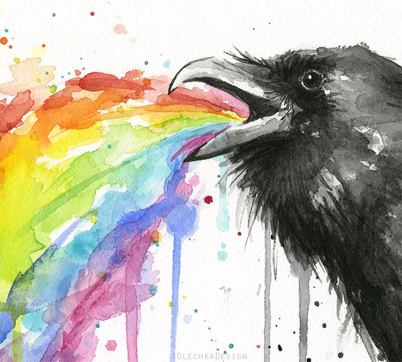 May include: A black and white watercolor painting of a raven with its beak open, spewing a rainbow of colors. The background is white with splatters of paint.