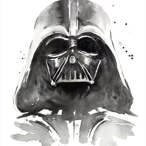 May include: Black and white watercolor painting of Darth Vader from Star Wars. The painting is done in a minimalist style, with only the essential features of the character being depicted.