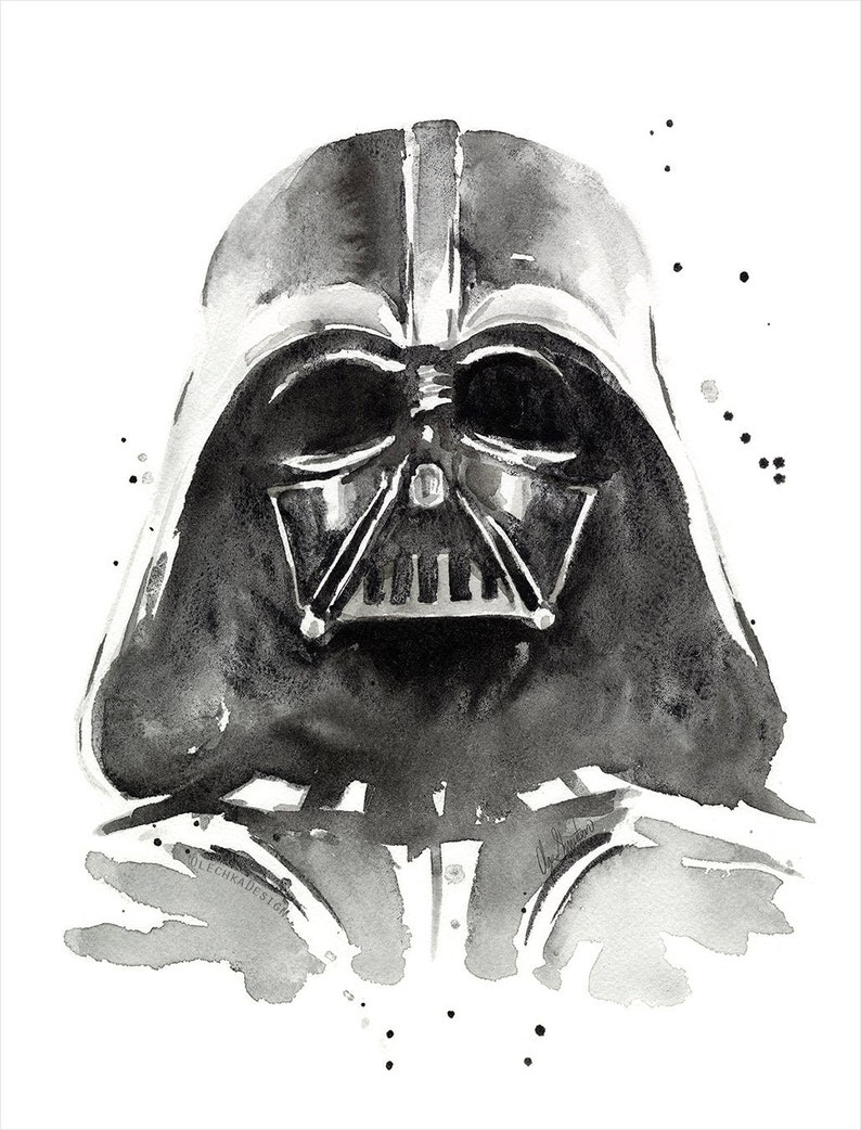 May include: Black and white watercolor painting of Darth Vader from Star Wars. The painting is done in a minimalist style, with only the essential features of the character being depicted.