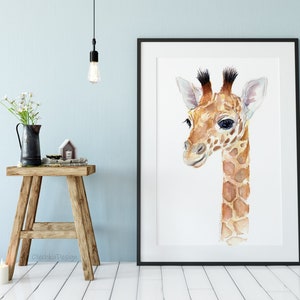May include: A watercolor painting of a giraffe's head and neck. The giraffe is light brown with dark brown spots. The giraffe is looking to the right of the image.