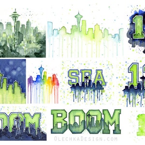 May include: Watercolor paintings of the Seattle skyline with various designs. The designs include the Space Needle, the city skyline, and the words "SEA", "BOOM", and "12".
