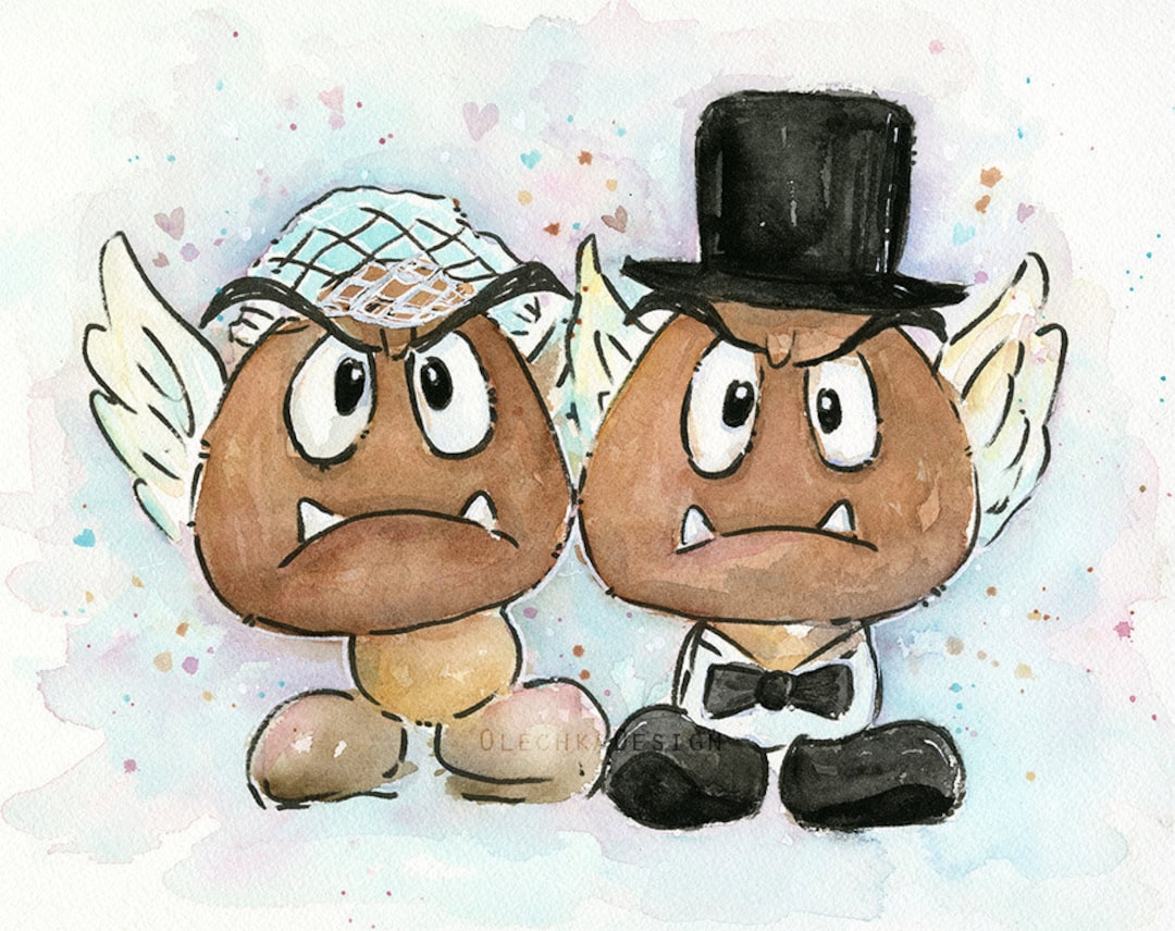 Groomp Mario Goomba Bride and Groom Watercolor Art Print, Mario Wedding Gift - Etsy