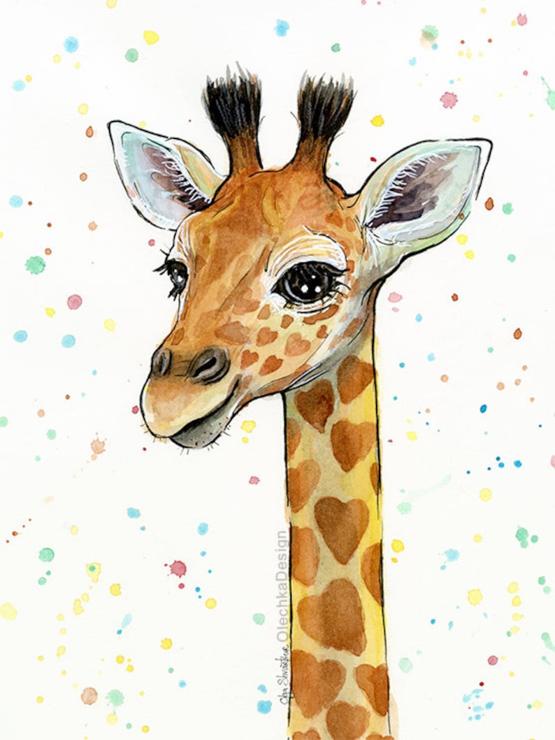 May include: Watercolor painting of a giraffe with brown and yellow spots. The giraffe has large, dark eyes and a sweet expression. The background is white with colorful splatter paint.