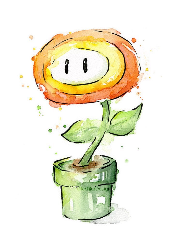 Fire Flower Watercolor Art Print Mario Bros Painting Videogame Supermario Geek Art Print Gamer Decor Videogame Art