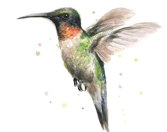 Hummingbird Watercolor Art Print Ruby-Throated Hummingbird Painting, Hummingbird Art, Hummingbird Print, Animal Painting, Illustration