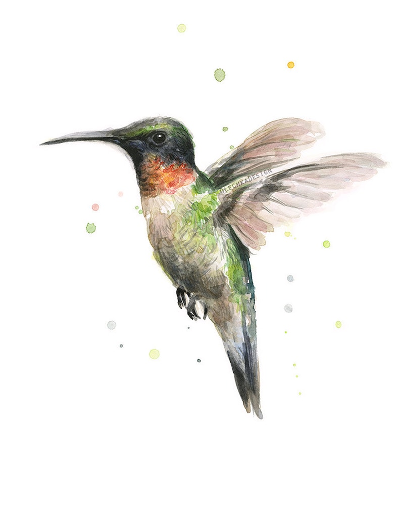 May include: Watercolor painting of a hummingbird in flight with a green, brown, and red body. The hummingbird is surrounded by small green, yellow, and gray dots on a white background.