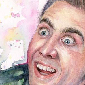 May include: Watercolor painting of a man's face with a surprised expression. His eyes are wide open and his mouth is open in a wide smile. The background is a light pink with watercolor splatters.