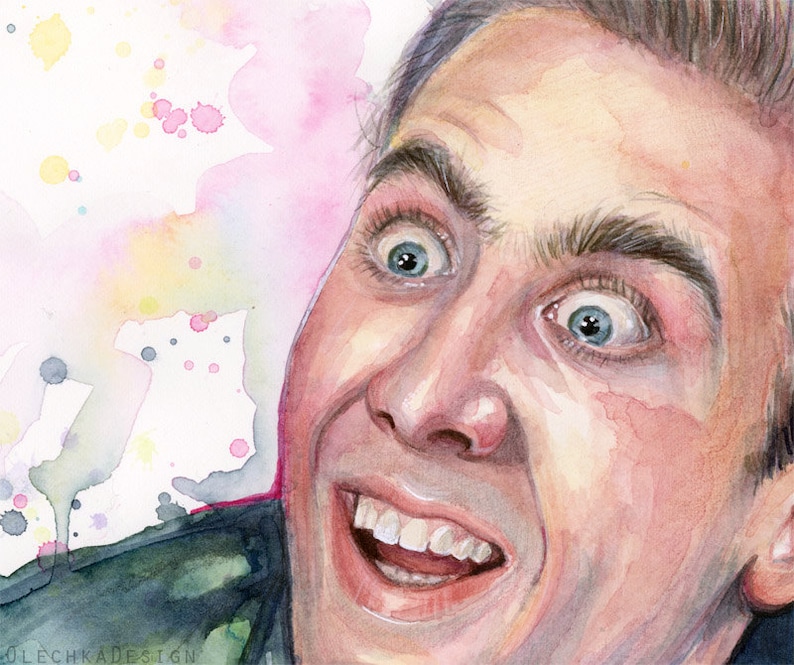 May include: Watercolor painting of a man's face with a surprised expression. His eyes are wide open and his mouth is open in a wide smile. The background is a light pink with watercolor splatters.