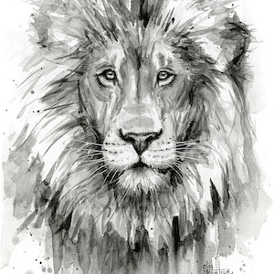 May include: Black and white watercolor painting of a lion's face. The lion has a thick mane and intense eyes. The painting has a textured, splatter effect.