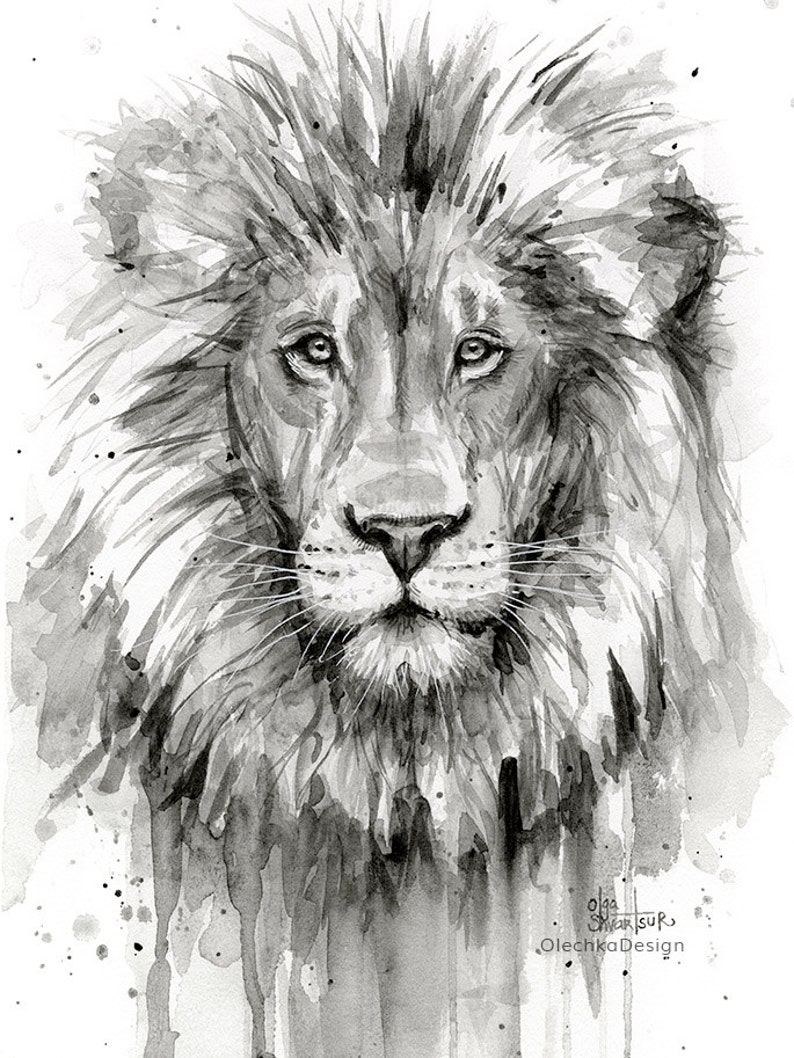 May include: Black and white watercolor painting of a lion's face. The lion has a thick mane and intense eyes. The painting has a textured, splatter effect.