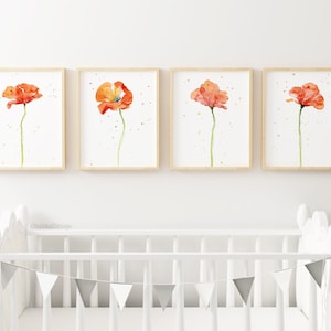 May include: Set of four watercolor prints featuring orange poppy flowers with green stems on a white background. The prints are framed in natural wood frames.