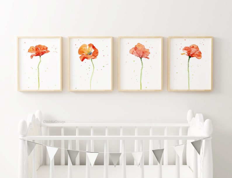May include: Set of four watercolor prints featuring orange poppy flowers with green stems on a white background. The prints are framed in natural wood frames.