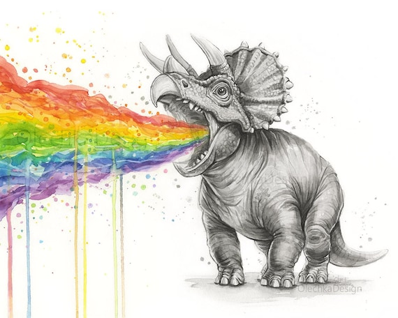 トリケラトプスの虹の嘔吐物、気まぐれな水彩画の恐竜の絵画、面白い