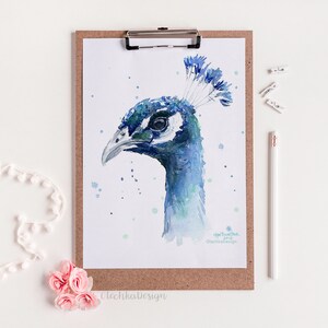 May include: Watercolor painting of a peacock's head with blue and green feathers. The background is white with light blue and green watercolor splatters.