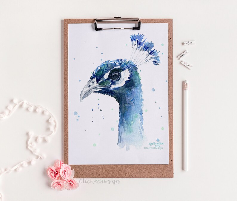 May include: Watercolor painting of a peacock's head with blue and green feathers. The background is white with light blue and green watercolor splatters.