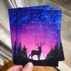 Kerst ansichtkaarten, rendieren ansichtkaarten, dieren ansichtkaarten, winterkaarten, Galaxy Art, Snowy Forest Art, dierlijke silhouet kunst, kerstkaart