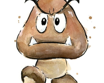 Goomba Art, Goomba Watercolor Art Print, Mario Wall Art, Mario Bros Print Geek Videogame  Mario Painting Decor Goomba