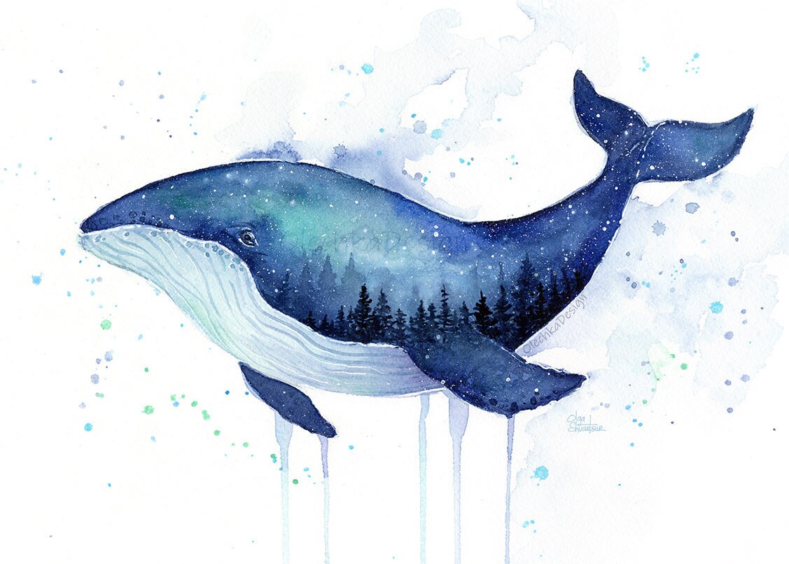 銀河クジラの水彩画、ザトウクジラの絵画、シロナガスクジラ 銀河クジラの水彩画、ザトウクジラの絵画、シロナガスクジラ